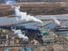 A large oil refinery along the Athabasca River in Alberta's Oilsands. Fort McMurray, Alberta.