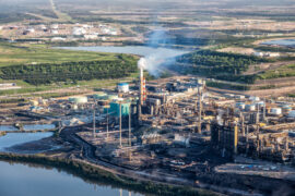 Aerial Petrochemical oil refinery along the Athabasca River