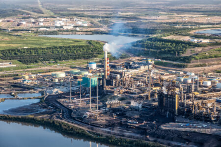 Aerial Petrochemical oil refinery along the Athabasca River